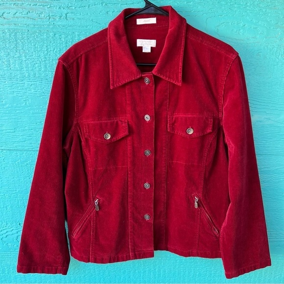 DARK RED STRETCH CORDUROY BUTTON FRONT JACKET SIZE LARGE - Picture 1 of 7
